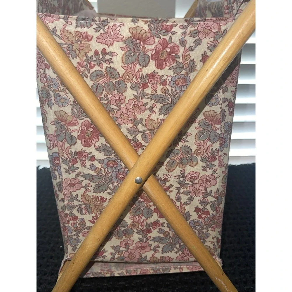 Vintage Foldable Sewing Yarn Knit Crochet Basket Caddy‎ Tote Bag Wood Frame MCM